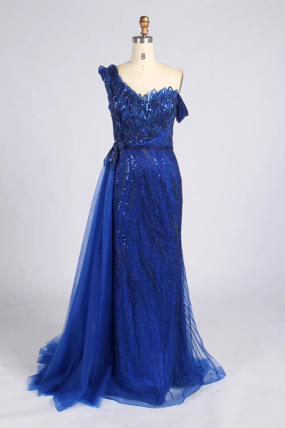 Grey One-Shoulder Beaded Evening Dress with Side Drape| MC178