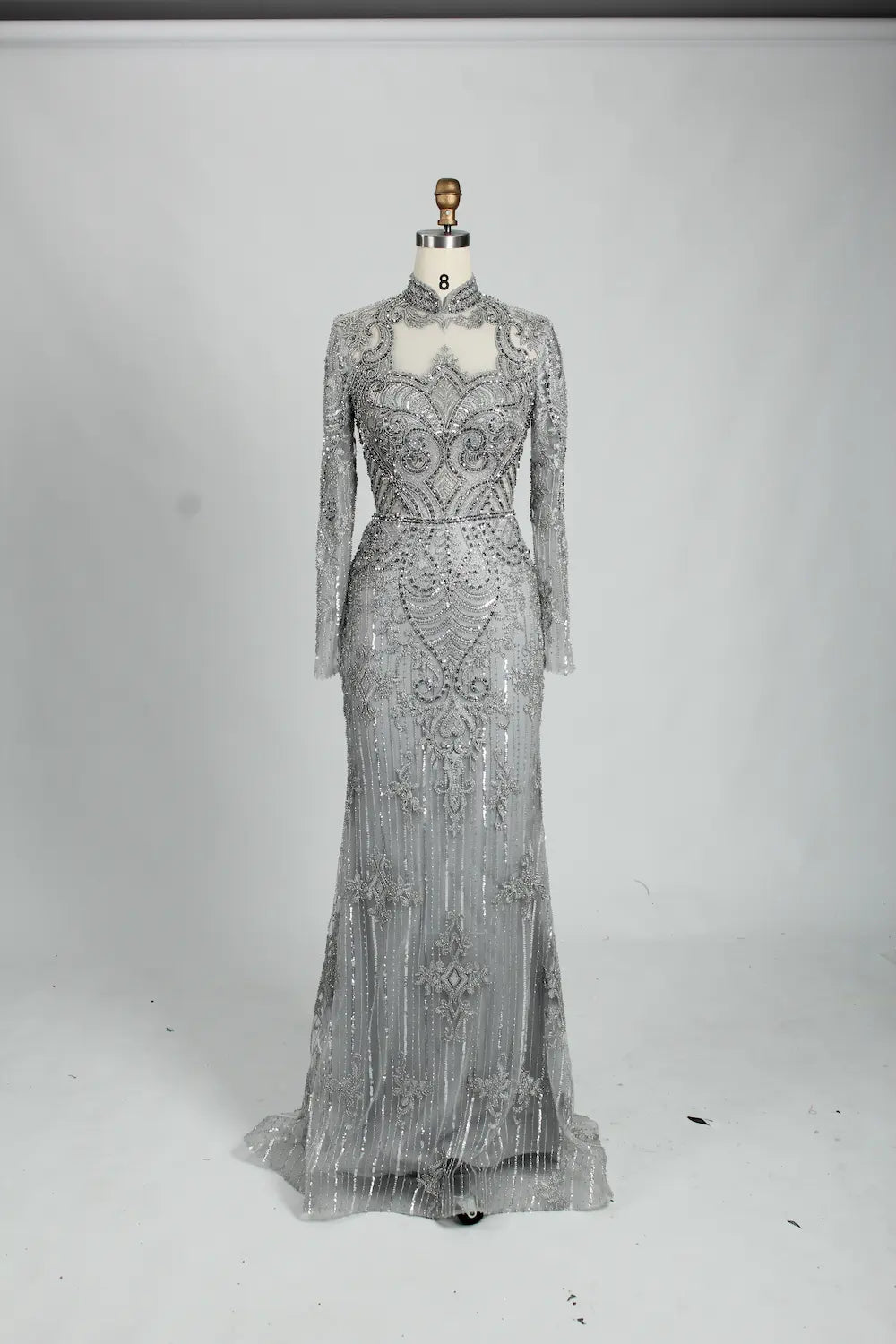 Champagne High Neck Beaded Long Sleeve MOB Dress MK114