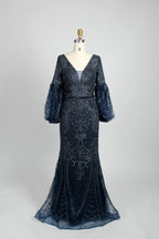 V-Neck Sequin Mermaid Evening Gown with Long Puff Sleeves mk090
