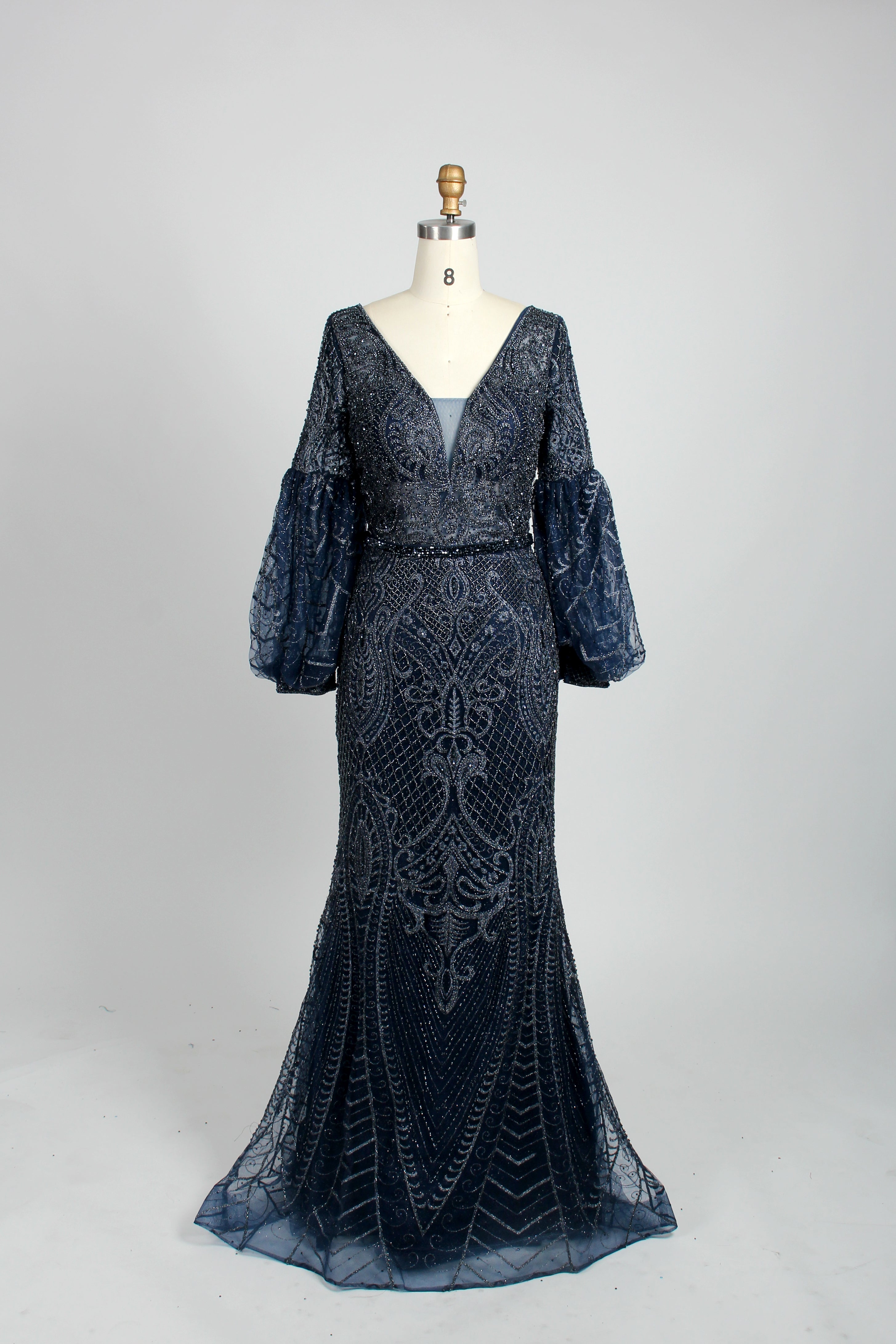 V-Neck Sequin Mermaid Evening Gown with Long Puff Sleeves mk090