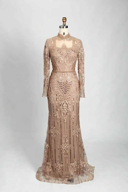 Champagne/gold beaded high-neck long-sleeve MOB dress with fitted lace-like detailing