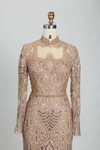 Champagne High Neck Beaded Long Sleeve MOB Dress MK114
