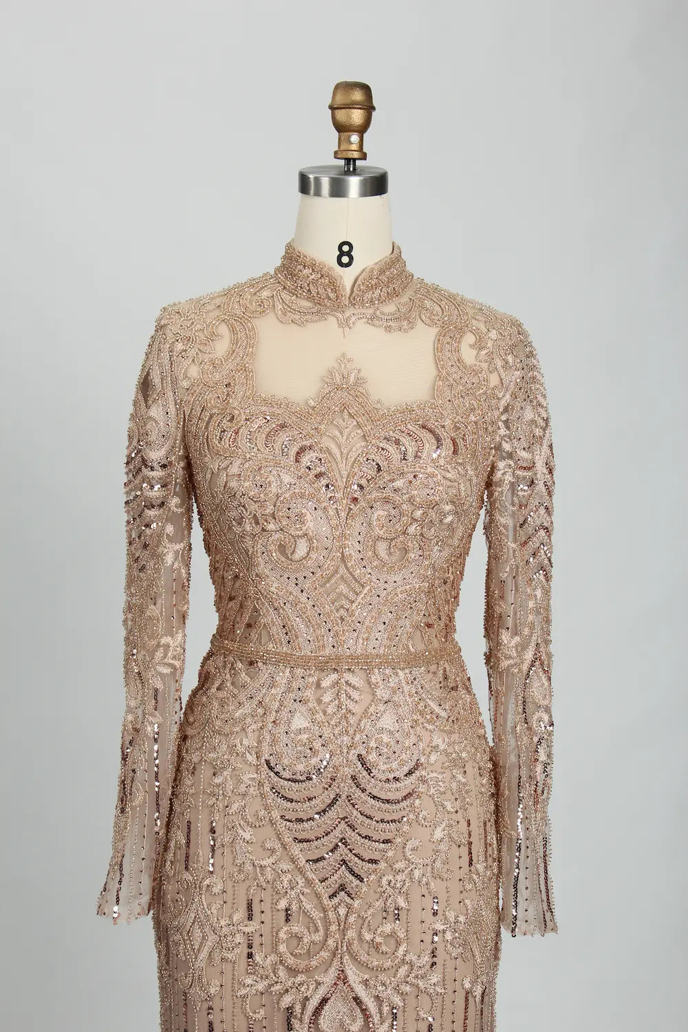 Champagne High Neck Beaded Long Sleeve MOB Dress MK114