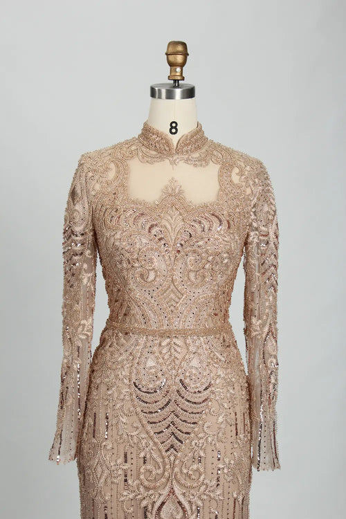 Champagne/gold high-neck beaded long-sleeve MOB dress front with ornate embroidered pattern