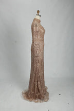 Champagne High Neck Beaded Long Sleeve MOB Dress MK114