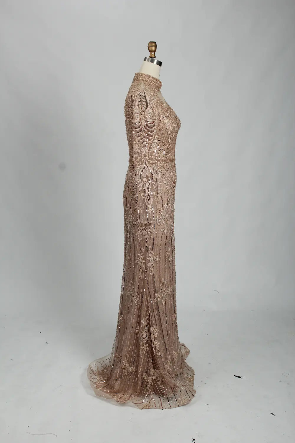 Champagne High Neck Beaded Long Sleeve MOB Dress MK114
