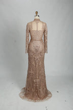 Champagne High Neck Beaded Long Sleeve MOB Dress MK114