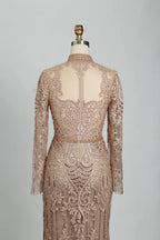 Champagne High Neck Beaded Long Sleeve MOB Dress MK114