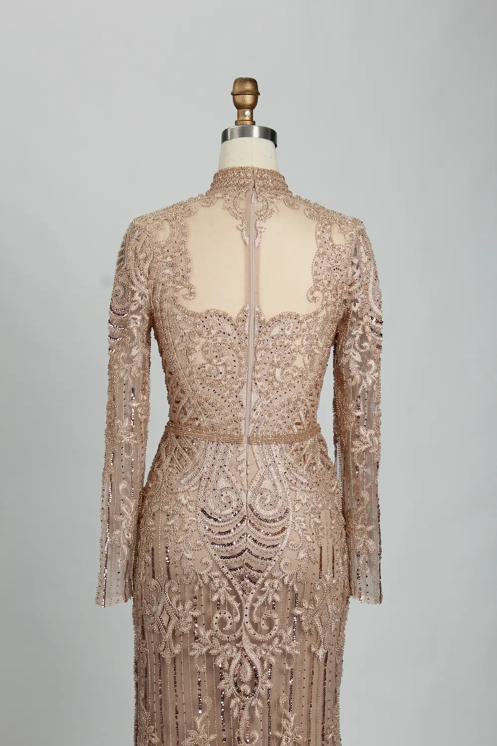 Champagne High Neck Beaded Long Sleeve MOB Dress MK114