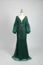 V-Neck Sequin Mermaid Evening Gown with Long Puff Sleeves mk090