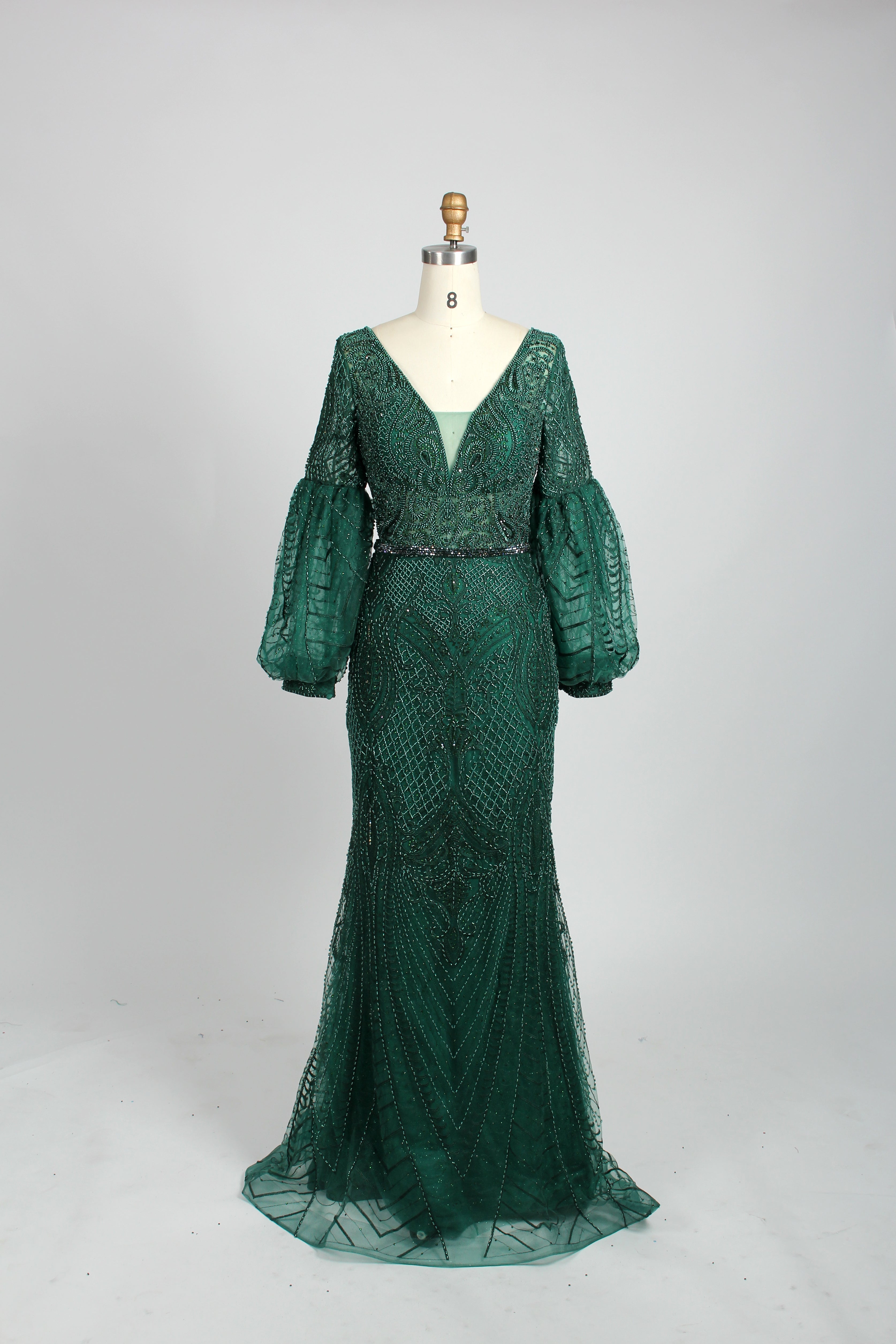V-Neck Sequin Mermaid Evening Gown with Long Puff Sleeves mk090