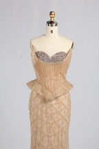 Olive Green Spaghetti Strap Crystal Corset Peplum Mermaid Evening Dress KY082