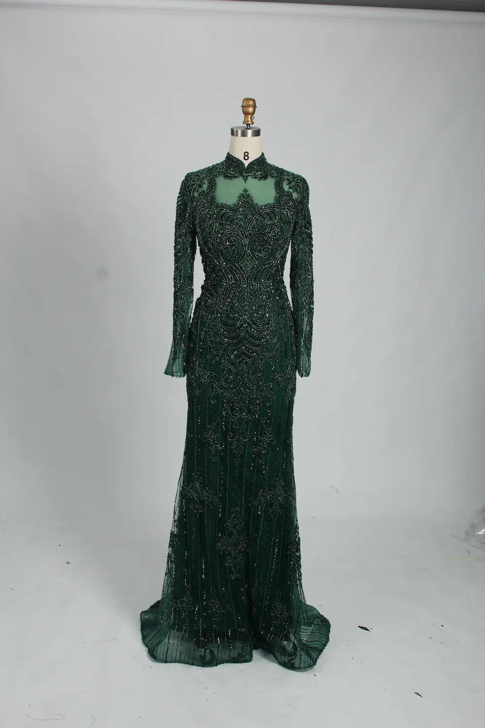 Champagne High Neck Beaded Long Sleeve MOB Dress MK114