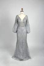 V-Neck Sequin Mermaid Evening Gown with Long Puff Sleeves mk090