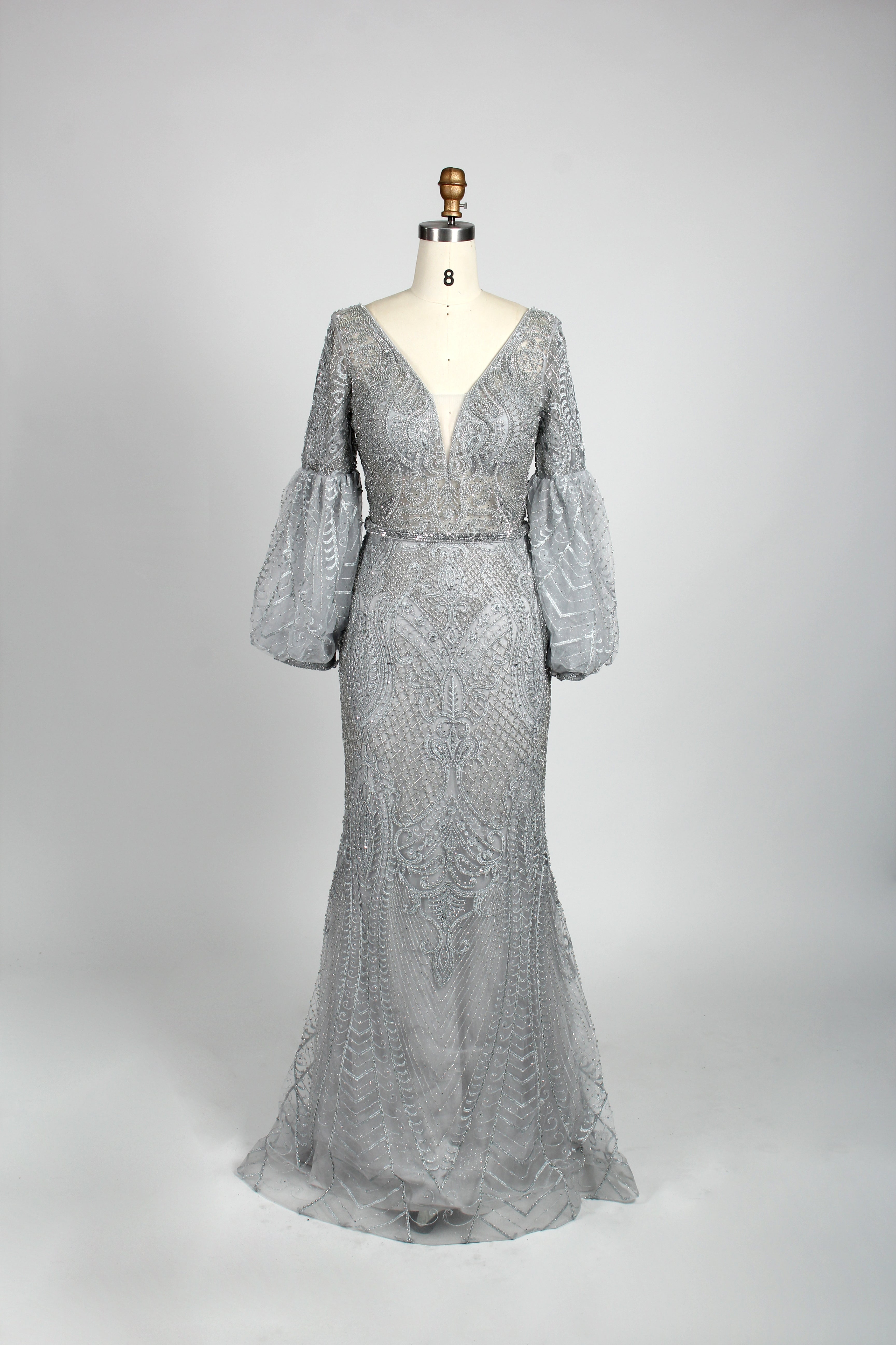 V-Neck Sequin Mermaid Evening Gown with Long Puff Sleeves mk090