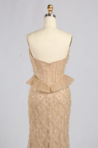 Olive Green Spaghetti Strap Crystal Corset Peplum Mermaid Evening Dress KY082
