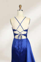 A mannequin showcases a royal - blue gown with thin straps. The bodice features intricate bead embroidery and sheer panels, while the skirt has a ruched design and a high side slit. The satin fabric and elegant details make it perfect for formal events like proms or galas, exuding sophistication.8
