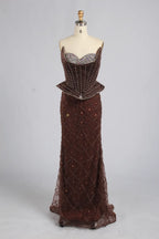 Olive Green Spaghetti Strap Crystal Corset Peplum Mermaid Evening Dress KY082