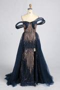 Navy Blue Off-the-Shoulder Beaded Sculpted Sleeve Sequin Overskirt MOB Dress KY083