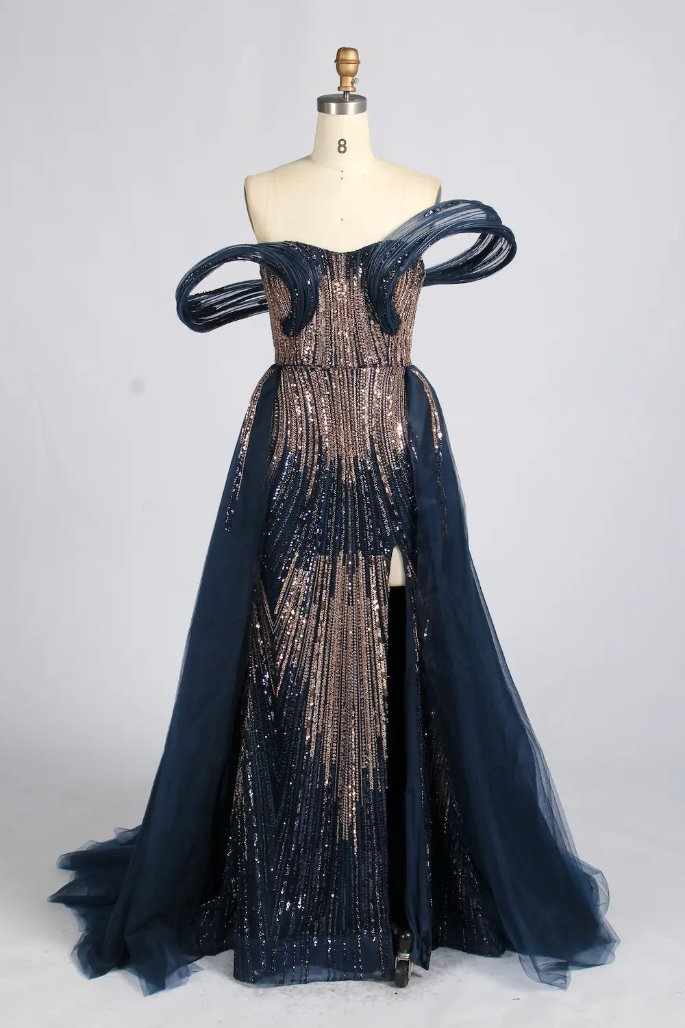 Navy Blue Off-the-Shoulder Beaded Sculpted Sleeve Sequin Overskirt MOB Dress KY083