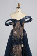 Navy Blue Off-the-Shoulder Beaded Sculpted Sleeve Sequin Overskirt MOB Dress KY083