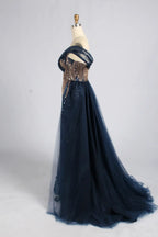 Navy Blue Off-the-Shoulder Beaded Sculpted Sleeve Sequin Overskirt MOB Dress KY083