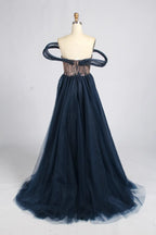 Navy Blue Off-the-Shoulder Beaded Sculpted Sleeve Sequin Overskirt MOB Dress KY083