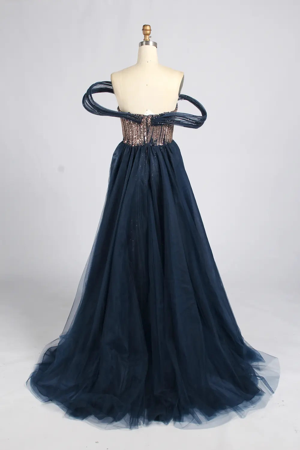 Navy Blue Off-the-Shoulder Beaded Sculpted Sleeve Sequin Overskirt MOB Dress KY083