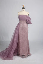 One Shoulder Beaded Dusty Mauve Mother of the Bride Dress with Side Train KY065