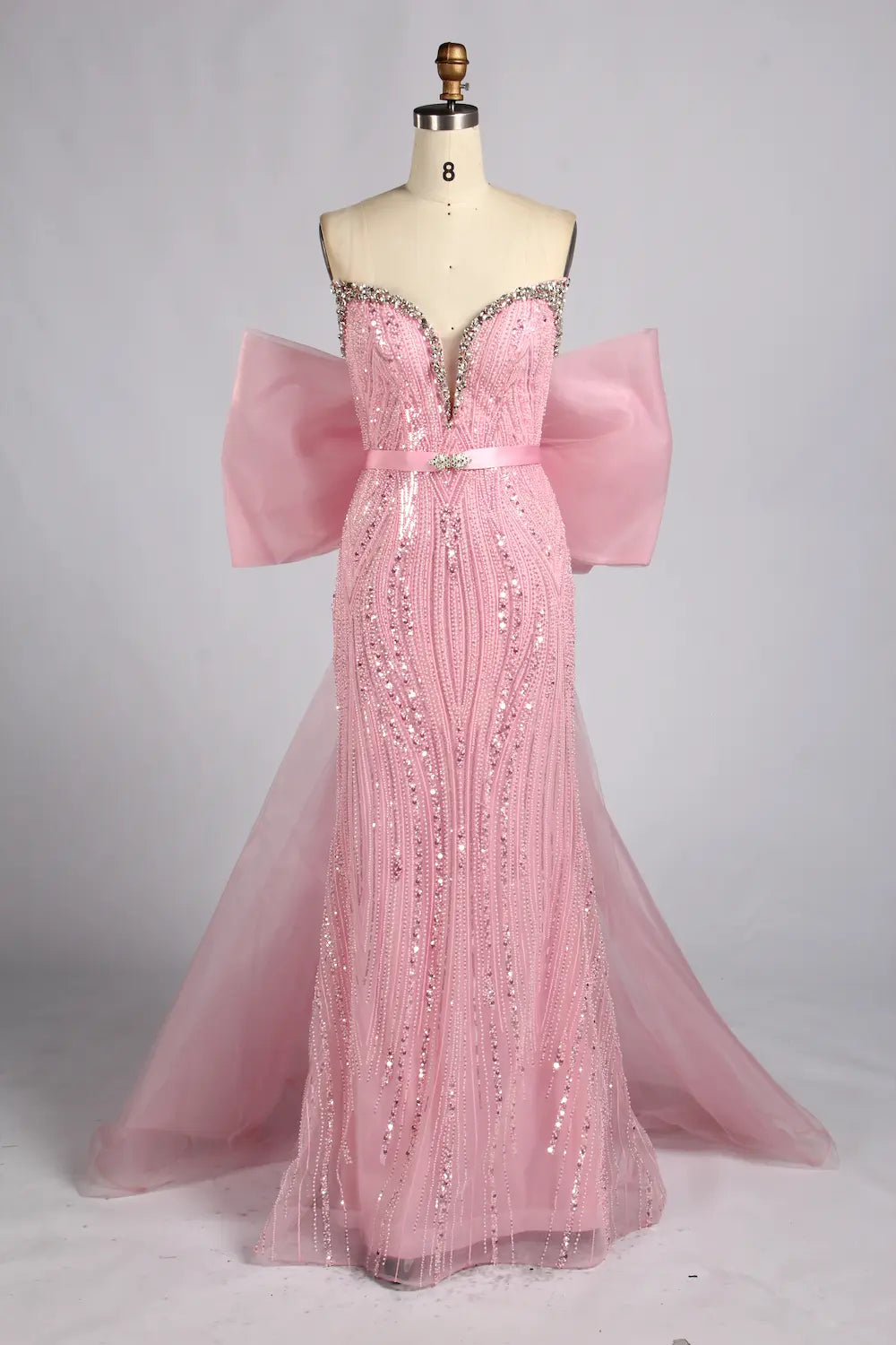 Blush Pink Strapless Crystal Beaded Back Bow Mermaid Mother of the Bride Dress KY081