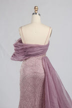 One Shoulder Beaded Dusty Mauve Mother of the Bride Dress with Side Train KY065