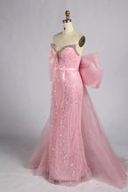 Blush Pink Strapless Crystal Beaded Back Bow Mermaid Mother of the Bride Dress KY081