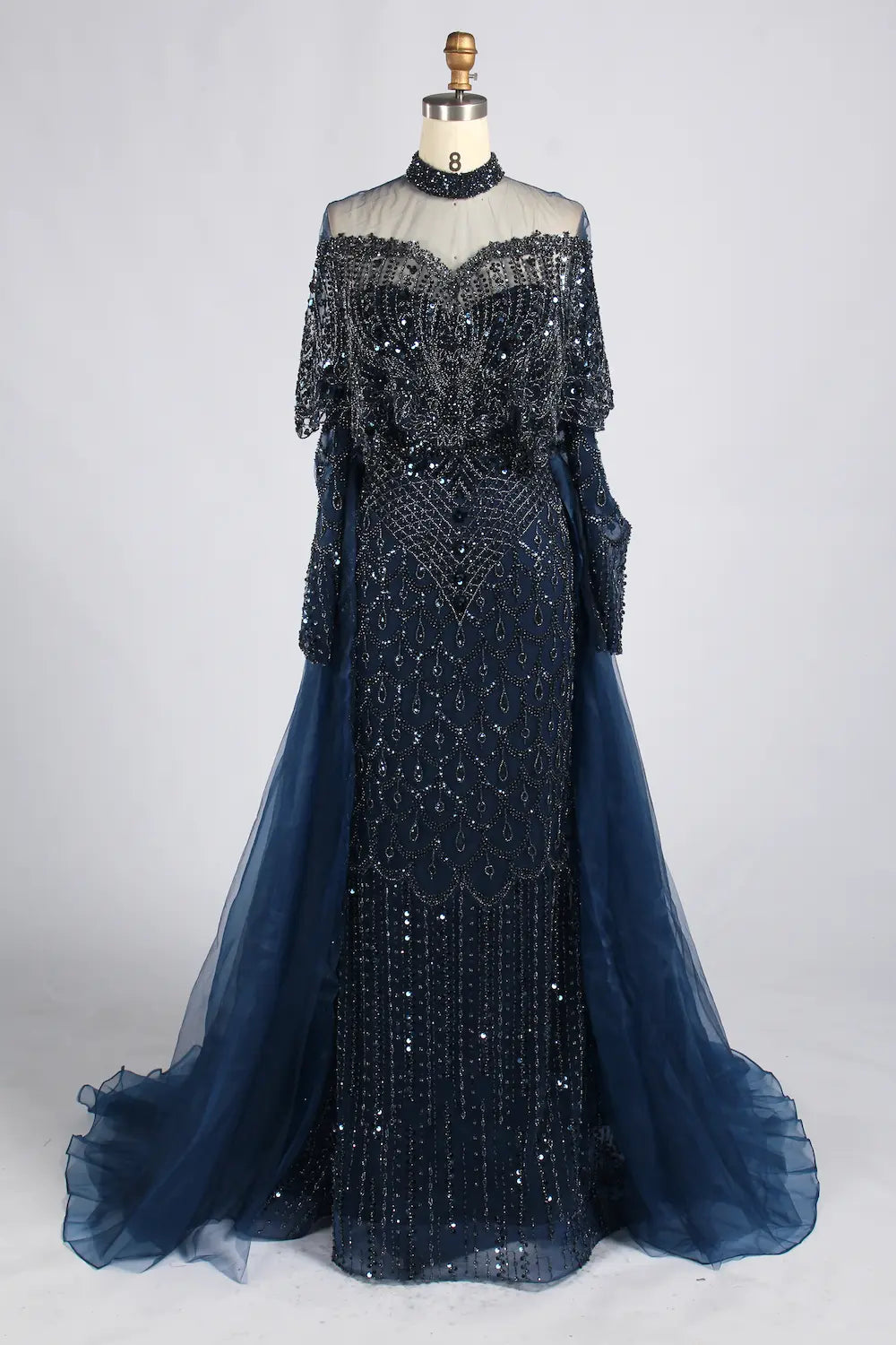 Navy Blue High-Neck Beaded Long Sleeves Mother of the Bride Dress KY084