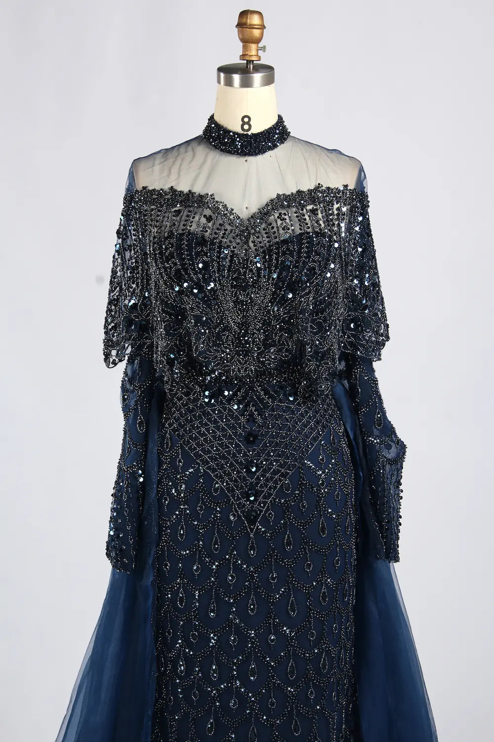 Navy Blue High-Neck Beaded Long Sleeves Mother of the Bride Dress KY084