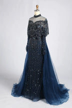 Navy Blue High-Neck Beaded Long Sleeves Mother of the Bride Dress KY084