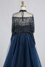 Navy Blue High-Neck Beaded Long Sleeves Mother of the Bride Dress KY084