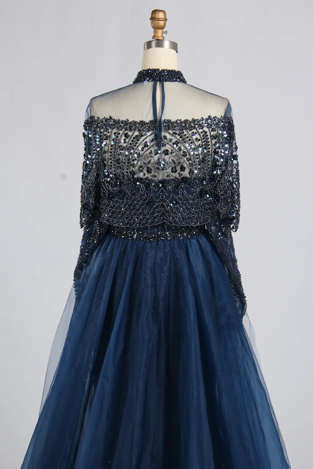 Navy Blue High-Neck Beaded Long Sleeves Mother of the Bride Dress KY084