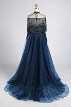 Navy Blue High-Neck Beaded Long Sleeves Mother of the Bride Dress KY084