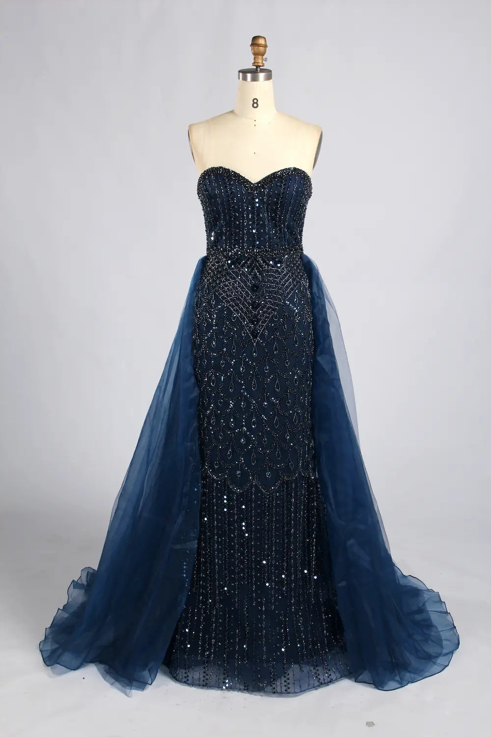 Navy Blue High-Neck Beaded Long Sleeves Mother of the Bride Dress KY084