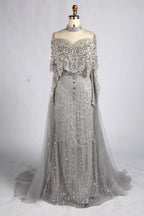 Navy Blue High-Neck Beaded Long Sleeves Mother of the Bride Dress KY084