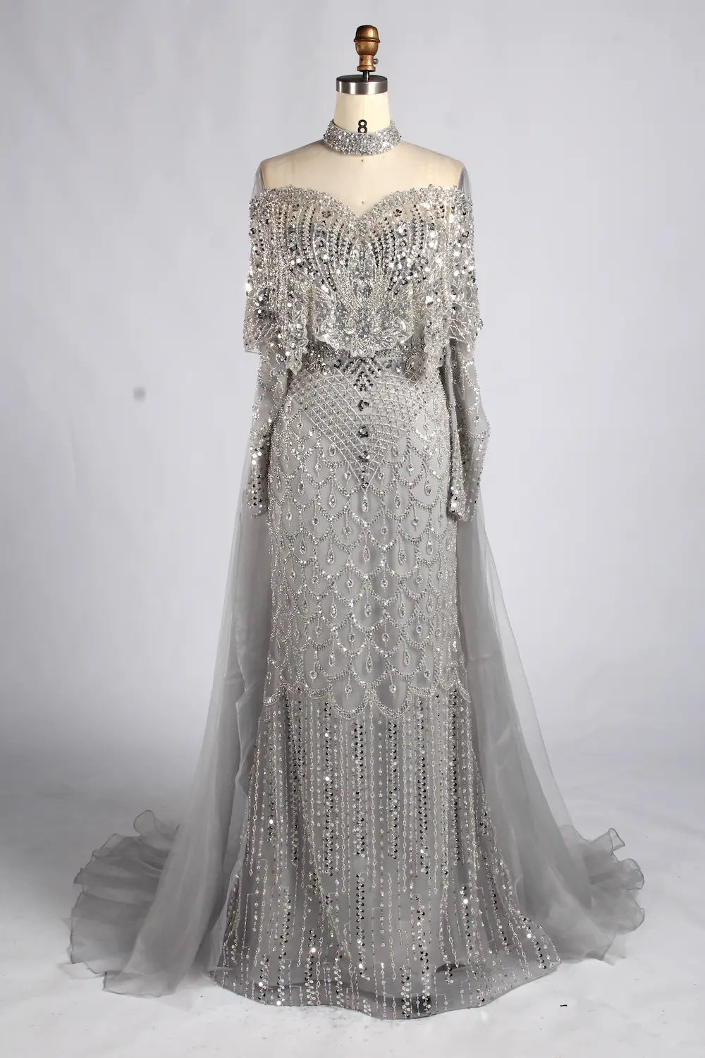 Navy Blue High-Neck Beaded Long Sleeves Mother of the Bride Dress KY084