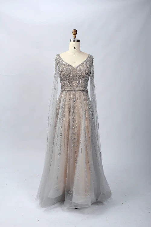 Champagne A-line mother of the bride dress with lace bodice, tulle skirt, long sleeves