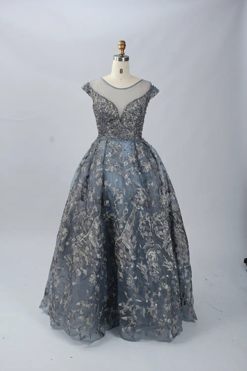 Dusty blue A-line mother of the bride dress with lace cap sleeves and full skirt