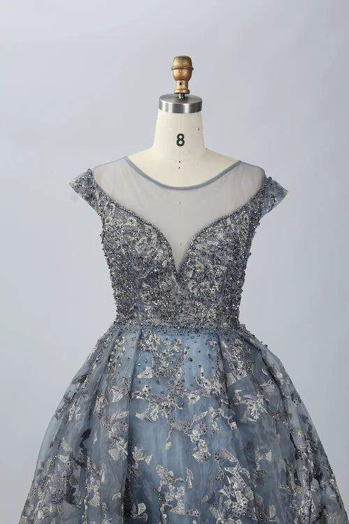 Dusty blue lace bodice A-line dress with wide off-shoulder cap sleeves