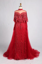 Navy Blue High-Neck Beaded Long Sleeves Mother of the Bride Dress KY084