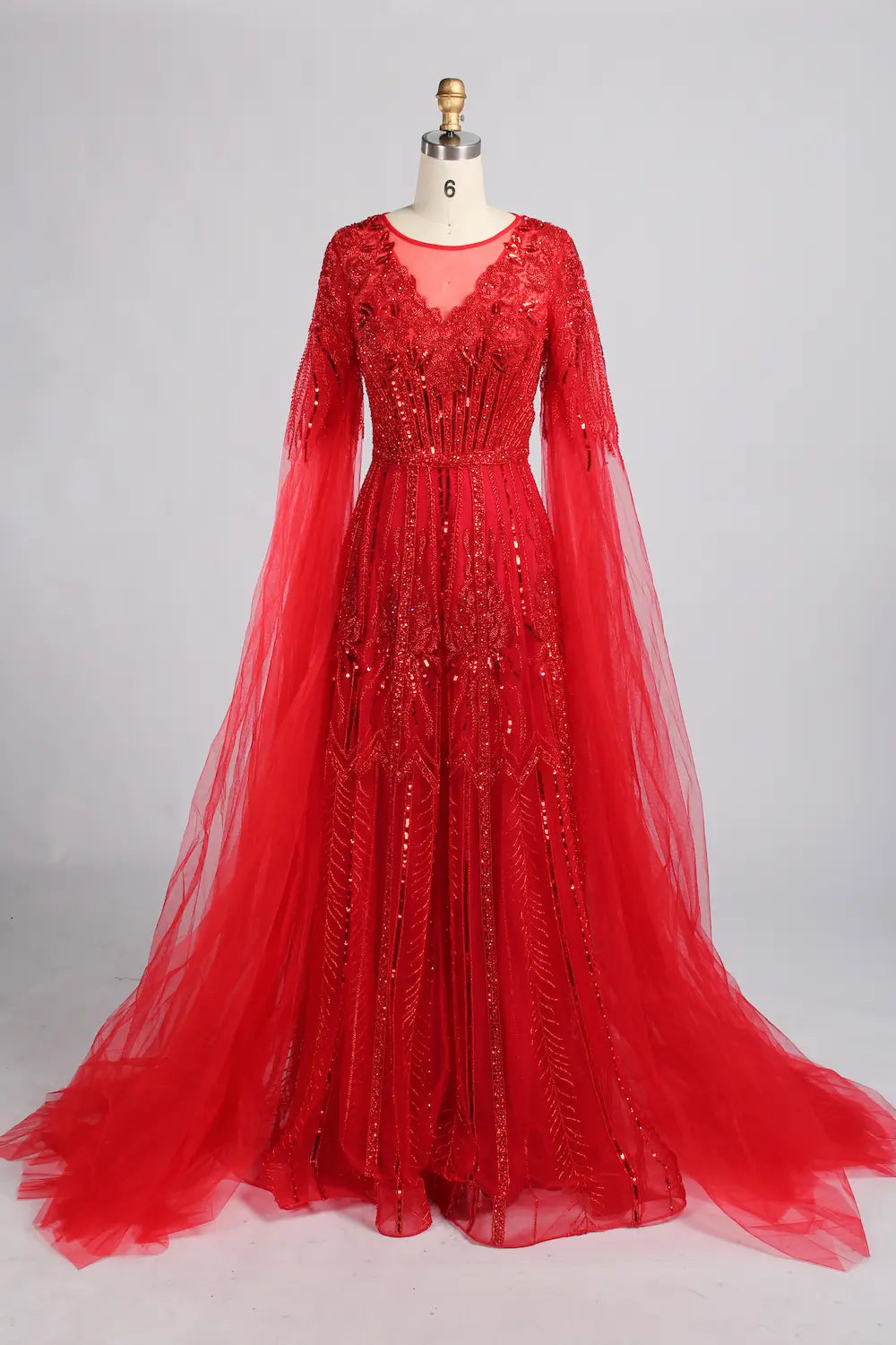 V-Neck Sequin Lace A-Line Draped Sleeves Mother of the Bride Dress KY058