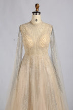 Elegant Champagne Beaded Long Sleeve A-Line Mother of the Bride Dress MK173