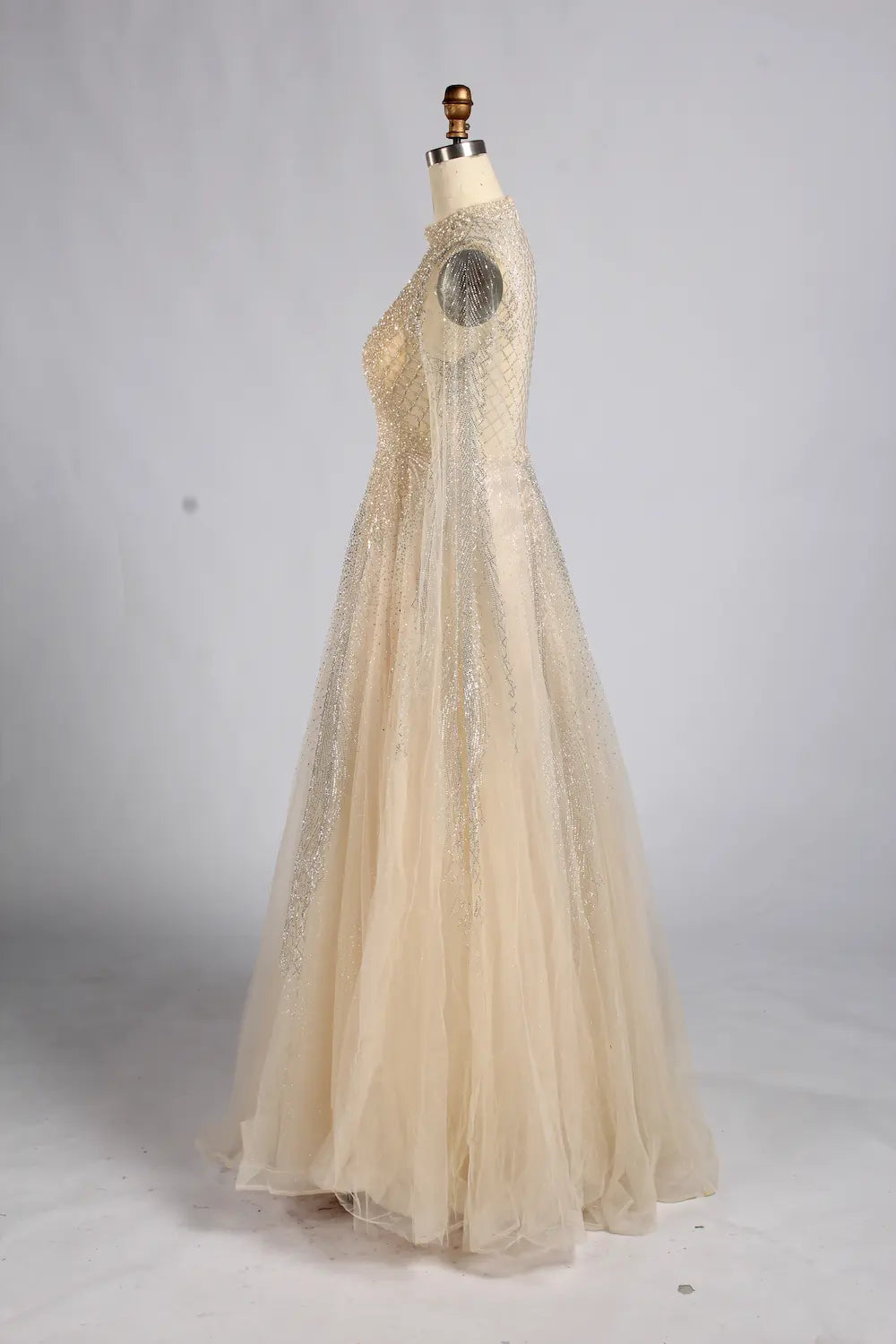 Elegant Champagne Beaded Long Sleeve A-Line Mother of the Bride Dress MK173