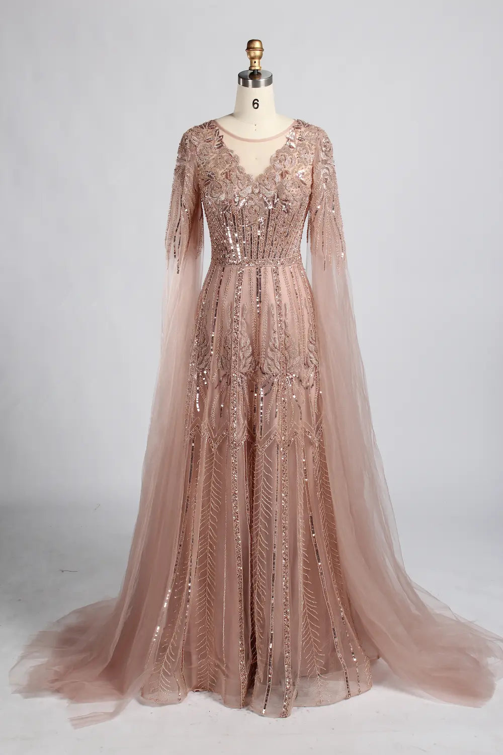 V-Neck Sequin Lace A-Line Draped Sleeves Mother of the Bride Dress KY058
