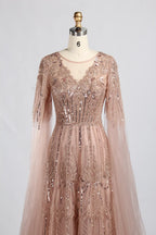 V-Neck Sequin Lace A-Line Draped Sleeves Mother of the Bride Dress KY058